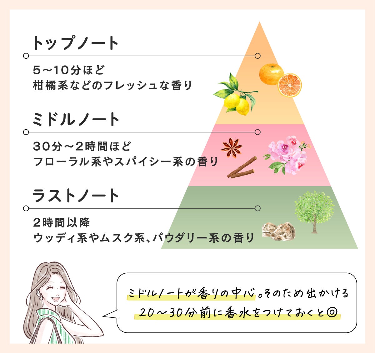 トップノートは5~10分ほど香り柑橘系などのフレッシュな香りが多く、ミドルノートは30分~2時間フローラル系やスパイシー系の香りが香ります。ラストノートは2時間以降に香るものでウッディ系やムスク系、パウダー系の香りが多いです。ミドルノートが香りの中心のため出かける20~30分前に香水をつけておくとよいでしょう。