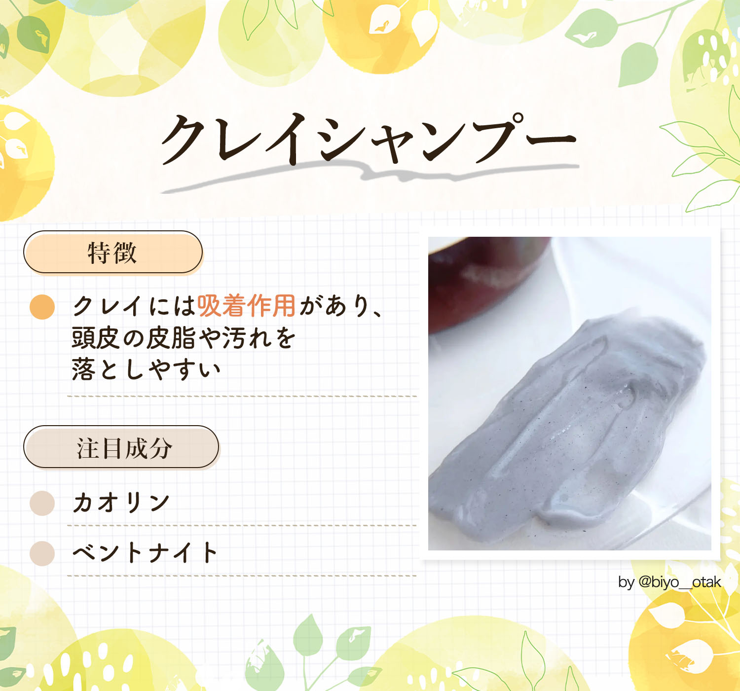 クレイシャンプーはクレイには吸着作用があり、頭皮の皮脂や汚れを落としやすいのが特徴。注目成分はカオリン・ベントナイト。