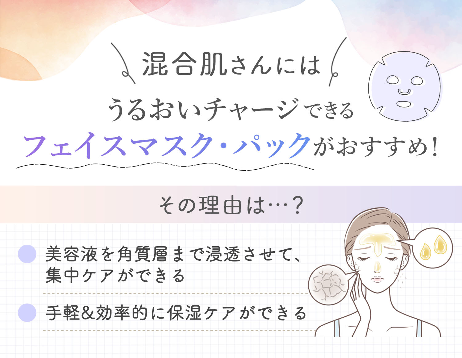 混合肌さんにはうるおいチャージできるフェイスマスク・パックがおすすめ！美容液を角質層まで浸透させて、集中ケアができ手軽&効率的に保湿ケアができるからです。