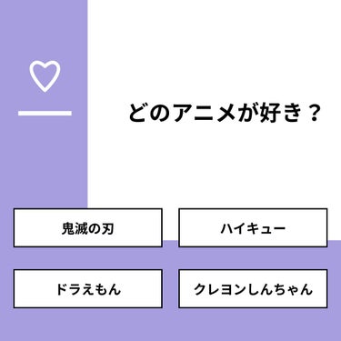 【質問】
どのアニメが好き？

【回答】
・鬼滅の刃：28.6%
・ハイキュー：21.4%
・ドラえもん：7.1%
・クレヨンしんちゃん：42.9%

#みんなに質問

================