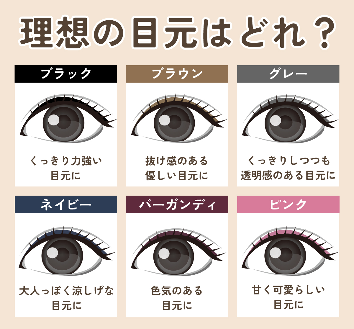 ブラックはくっきり力強い目元に。ブラウンは抜け感のある優しい目元に。グレーはくっきりしつつも透明感のある目元に。ネイビーは大人っぽく涼しげな目元に。バーガンディは色気のある目元に。ピンクは甘く可愛らしい目元に。