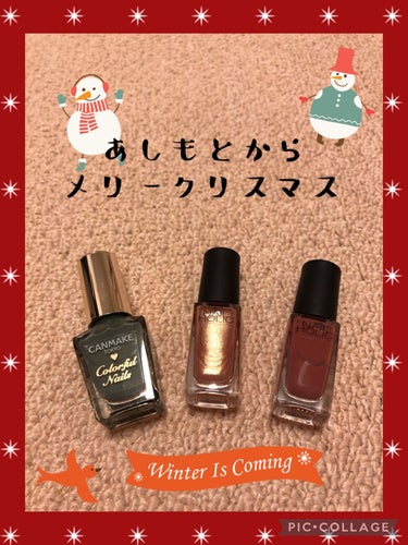 もうすぐ12月、ということで今回は
ネイルホリックとキャンメイクのカラフルネイルズで足元ネイルです⭐️

使用したもの☟☟☟
1.ネイルホリックRD416
2.ネイルホリックOR213
3.キャンメイク