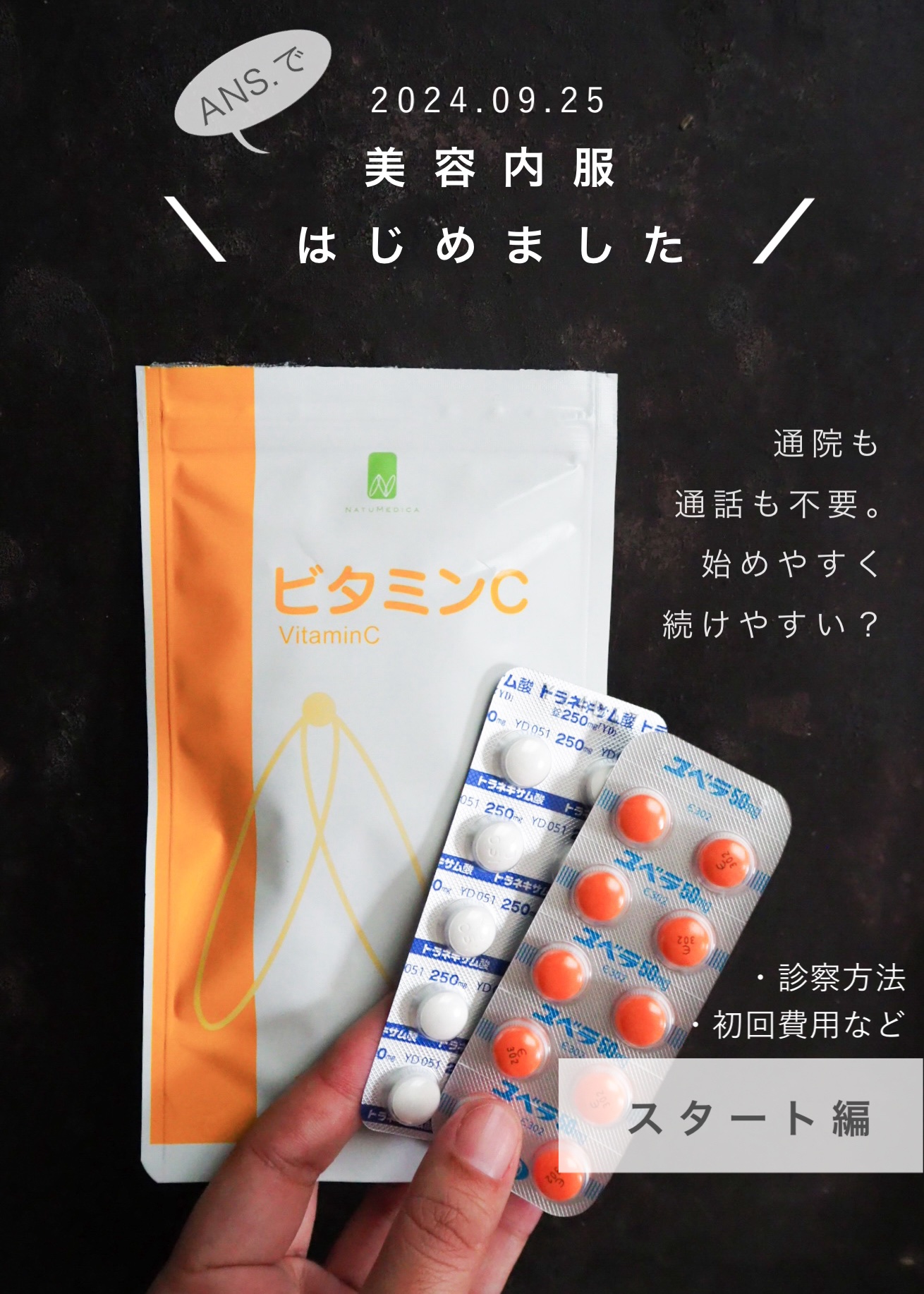 初めての美容内服。
せっかくなので、記録も兼ねてレポします。


💊ANS. を選んだ理由💊

【通院も通話も不要〇】
子どもの予定だけでもてんやわんやな中、
さらに自分の通院予定だなんて、結局続かなそう。
通話形式の診察は、周りに家族