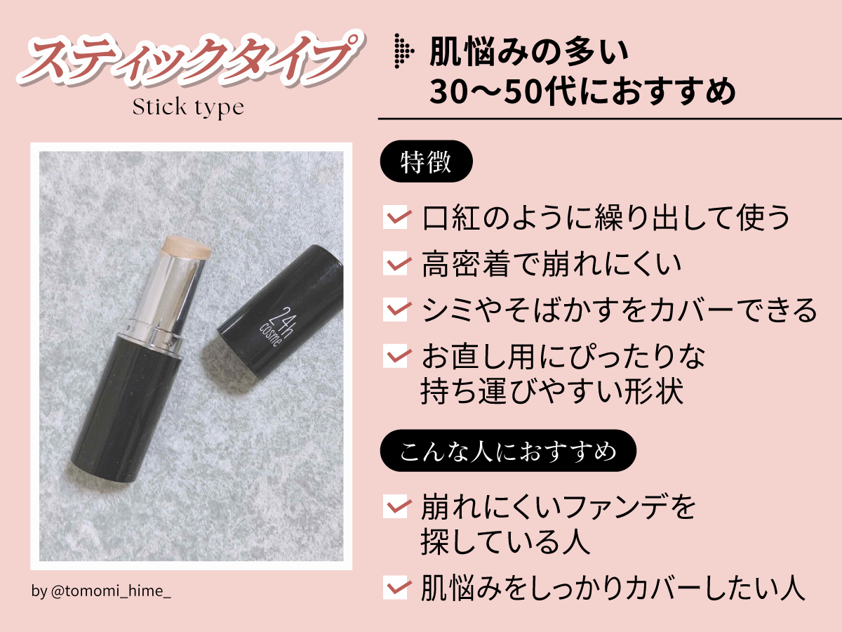 肌悩みの多い30〜50代におすすめスティックタイプ。[特徴] 口紅のように繰り出して使う。高密着で崩れにくい。シミやそばかすをカバーできる。お直し用にぴったりな持ち運びやすい形状。[こんな人におすすめ] 崩れにくいファンデを探している人。肌悩みをしっかりカバーしたい人。