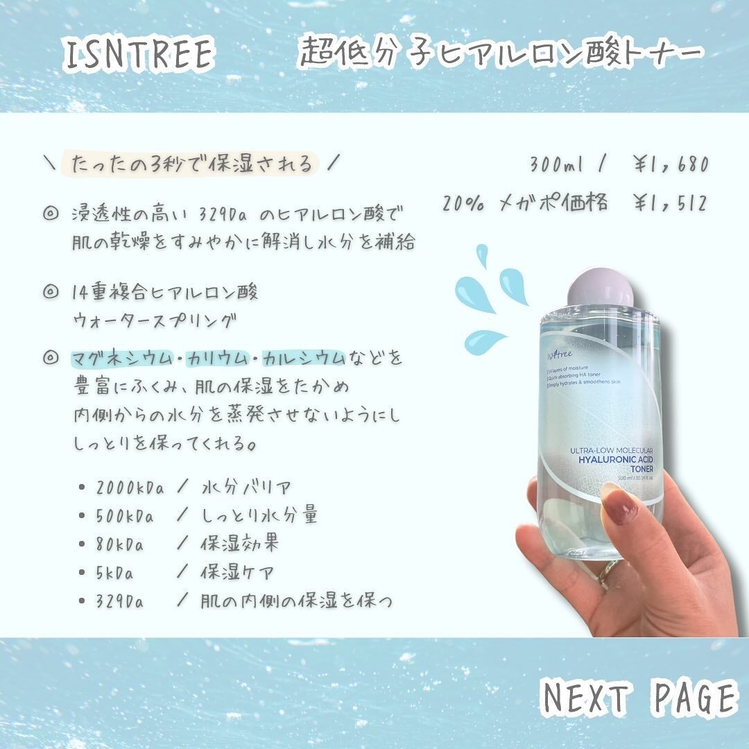 みさき┊︎韓国スキンケア 🤎 on LIPS 「︎︎︎︎︎︎︎︎︎ISNTREE🩵超低分子ヒアルロン酸トナー3..」(2枚目)