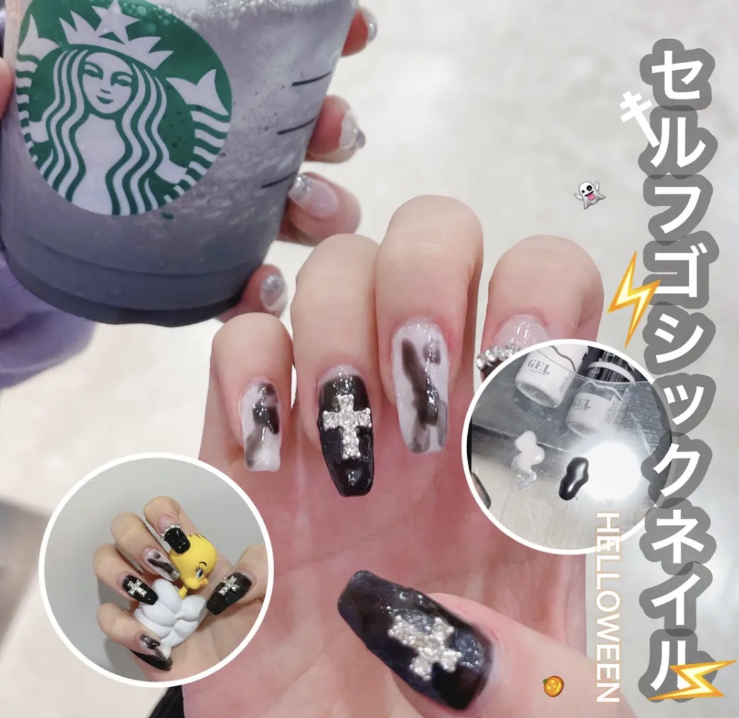 #セルフネイル,#ハロウィンネイル,#黒ネイルのネイルデザイン