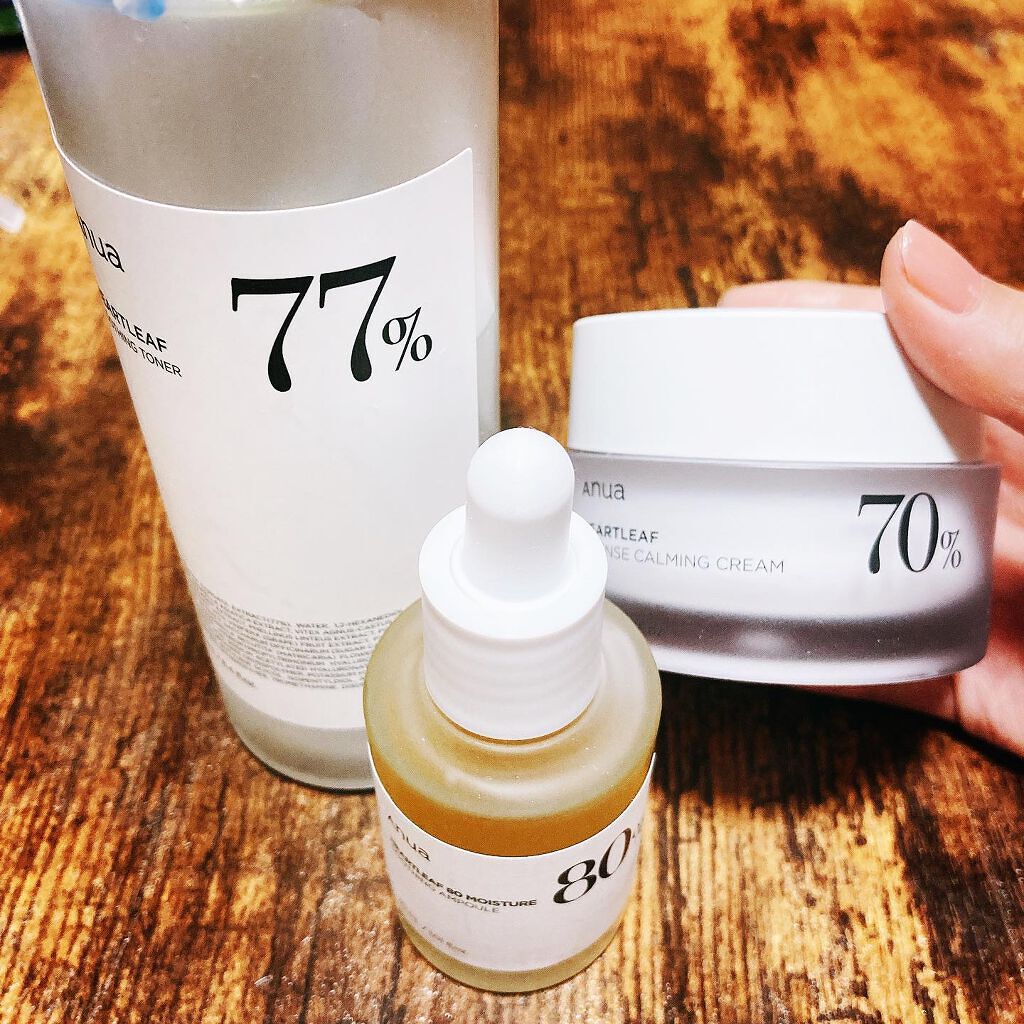 アヌア様のハートリリーフシリーズのスージングトナー、80モイスチャースージングアンプル、インテンスカーミングクリームをお試しさせていただきました！

トナーはさらさら、アンプルはとろとろ、クリームは水分多めのテクスチャーです。

ハートリリ