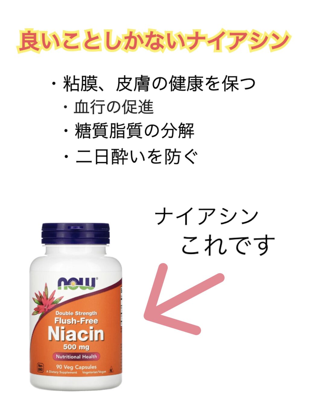 いいことしかない！ナイアシンを取ろう！
こんにちは！今回は私が激推ししてるサプリを紹介します！これは名前だけでも、ぜひ覚えていただきたいです

その名も、
       　　 　▂▅▇█▓▒(’ω’)▒▓█▇▅▂
　　　　　　　　     