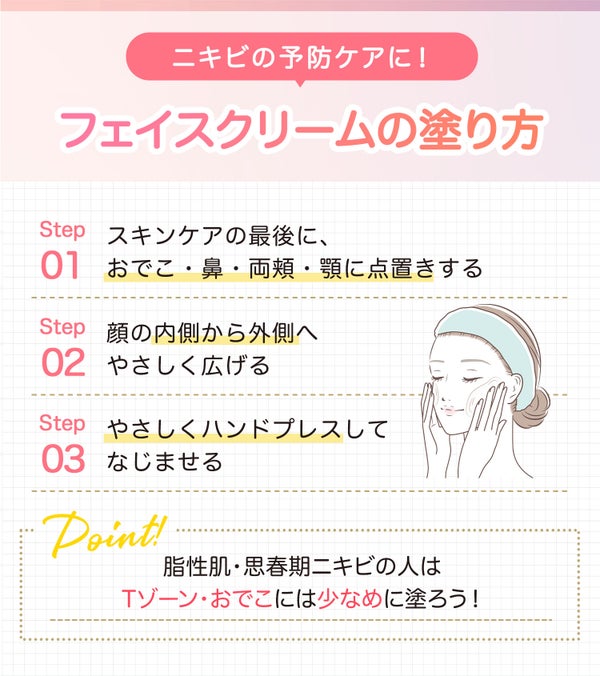 ニキビの予防ケアに!フェイスクリームの塗り方。スキンケアの最後に、おでこ・鼻・両頬・顎に点置きする。顔の内側から外側へやさしく広げる。やさしくハンドプレスしてなじませる。脂性肌・思春期ニキビの人はTゾーン・おでこには少なめに塗ろう!