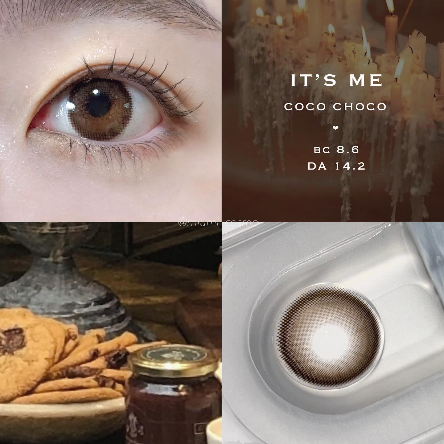 IT’S ME
イッツミーグランデ
COCO CHOCO

🤎

とろんとした甘い瞳になれるじゅわっとカラコン。
既存のイッツミーシリーズよりも大きめですが、色味がナチュラルだから普段使いもしやすい！
私は今回ブラウンカラーをお試しさせて