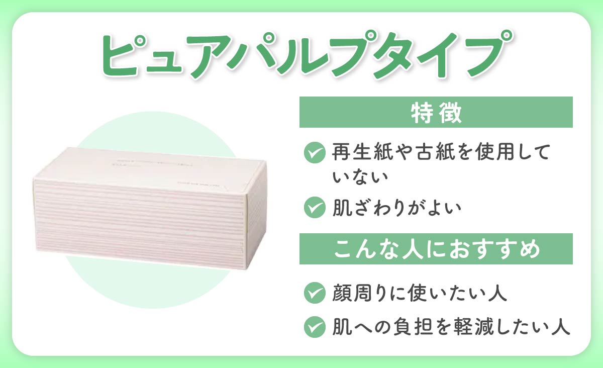 ピュアパルプタイプは再生紙や古紙を使用しておらず、肌ざわりがよいことが特徴。顔周りに使いたい人、肌への負担を軽減したい人におすすめ。