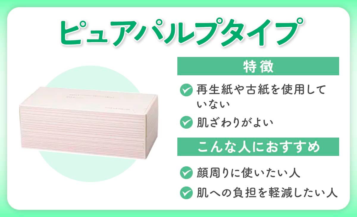 ピュアパルプタイプは再生紙や古紙を使用しておらず、肌ざわりがよいことが特徴。顔周りに使いたい人、肌への負担を軽減したい人におすすめ。