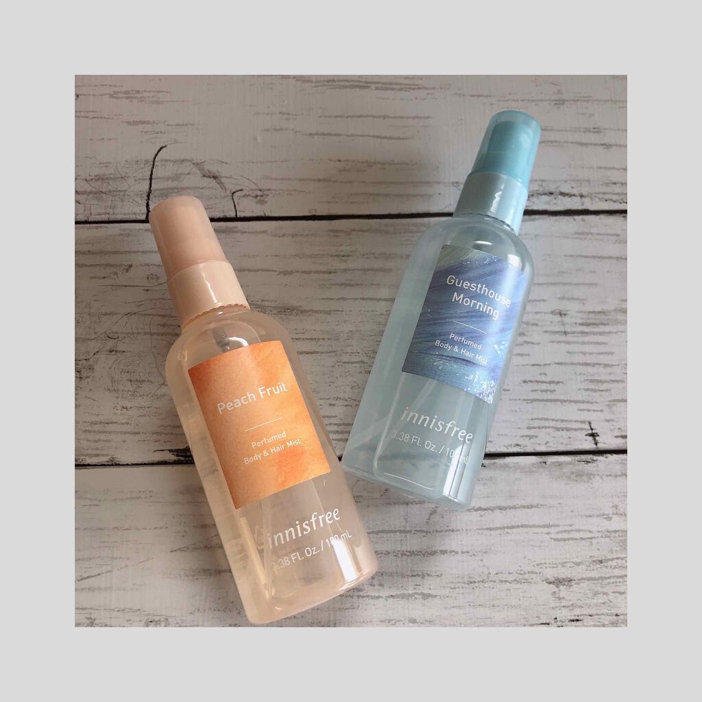 ◯イニスフリー　パフュームドボディ&ヘアミスト◯

イニスフリーのボディミスト☁️☁️
・ピーチフルーツ
・ゲストハウスモーニング

を購入しました！

ピーチ🍑のほうは甘めのフルーティーな桃の香り！ゲストハウスモーニング☀️のほうは石鹸