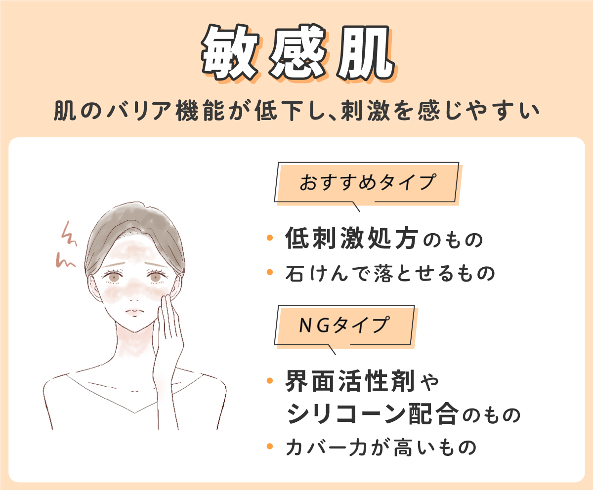 敏感肌は肌のバリア機能が低下し、刺激を感じやすいので低刺激処方のものや石けんで落とせるものがおすすめ。反対に界面活性剤やシリコーン配合のものやカバー力が高いものは適しません。