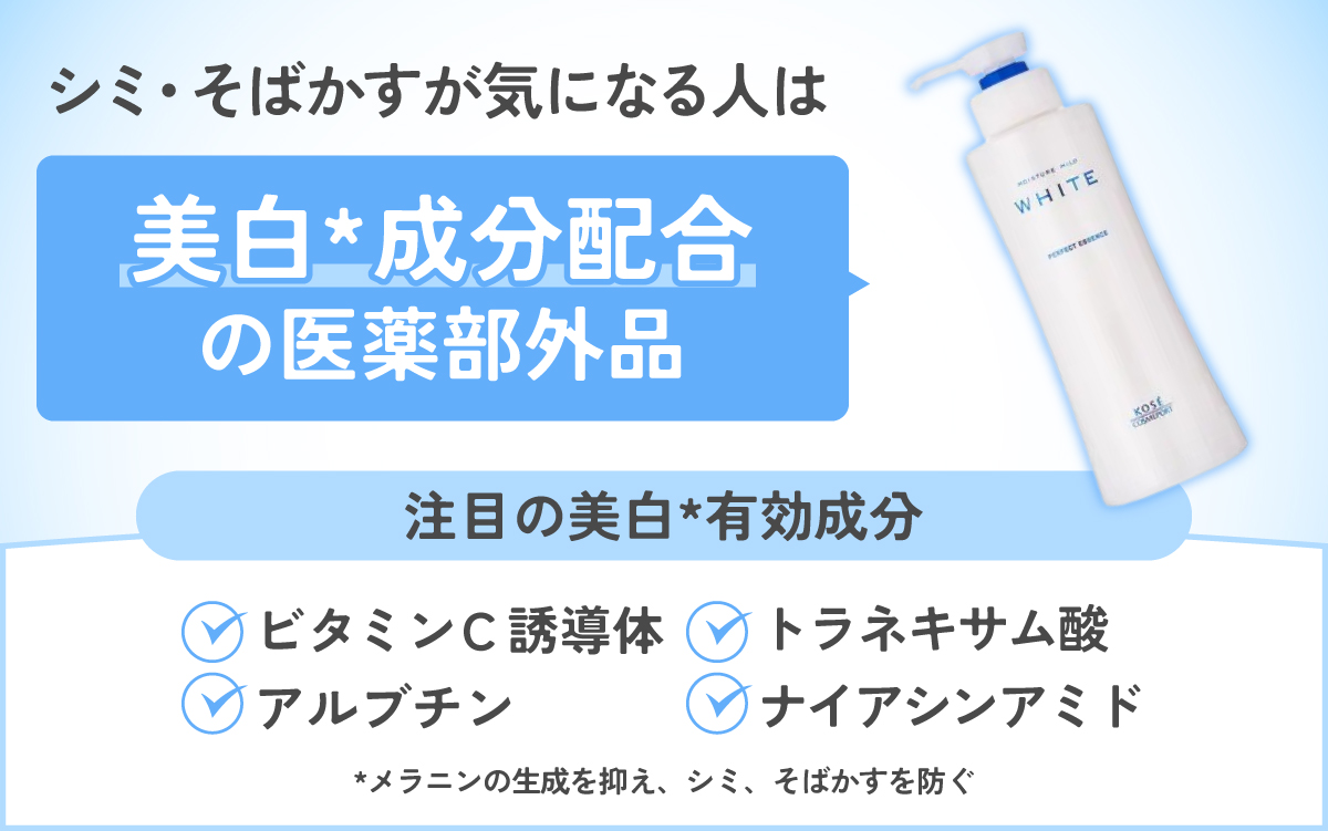 シミ・そばかすが気になる人は美白*成分配合の医薬部外品がおすすめ。注目の美白*成分はビタミンC誘導体・トラネキサム酸・アルブチン・ナイアシンアミド。*メラニンの生成を抑え、シミ・そばかすを防ぐ