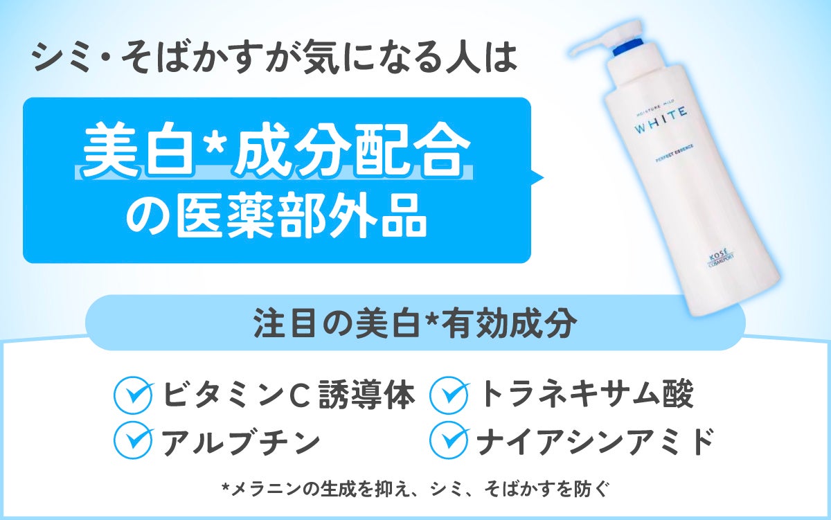 シミ・そばかすが気になる人は美白*成分配合の医薬部外品がおすすめ。注目の美白*成分はビタミンC誘導体・トラネキサム酸・アルブチン・ナイアシンアミド。*メラニンの生成を抑え、シミ・そばかすを防ぐ
