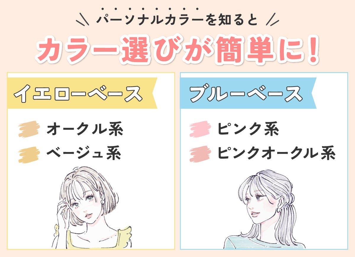 パーソナルカラーを知るとカラー選びが簡単に! イエローベースならオークル系やベージュ系、ブルーベースならピンク系やピンクオークル系がおすすめ。