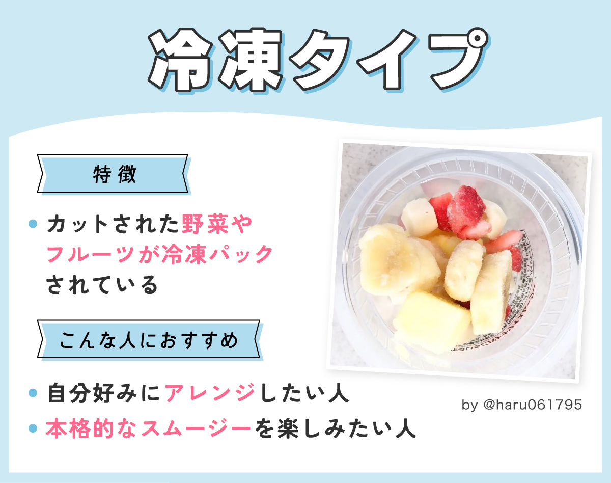 冷凍タイプはカットされた野菜やフルーツが冷凍パックされているのが特徴です。自分好みにアレンジしたい人や本格的なスムージーを楽しみたい人におすすめ。