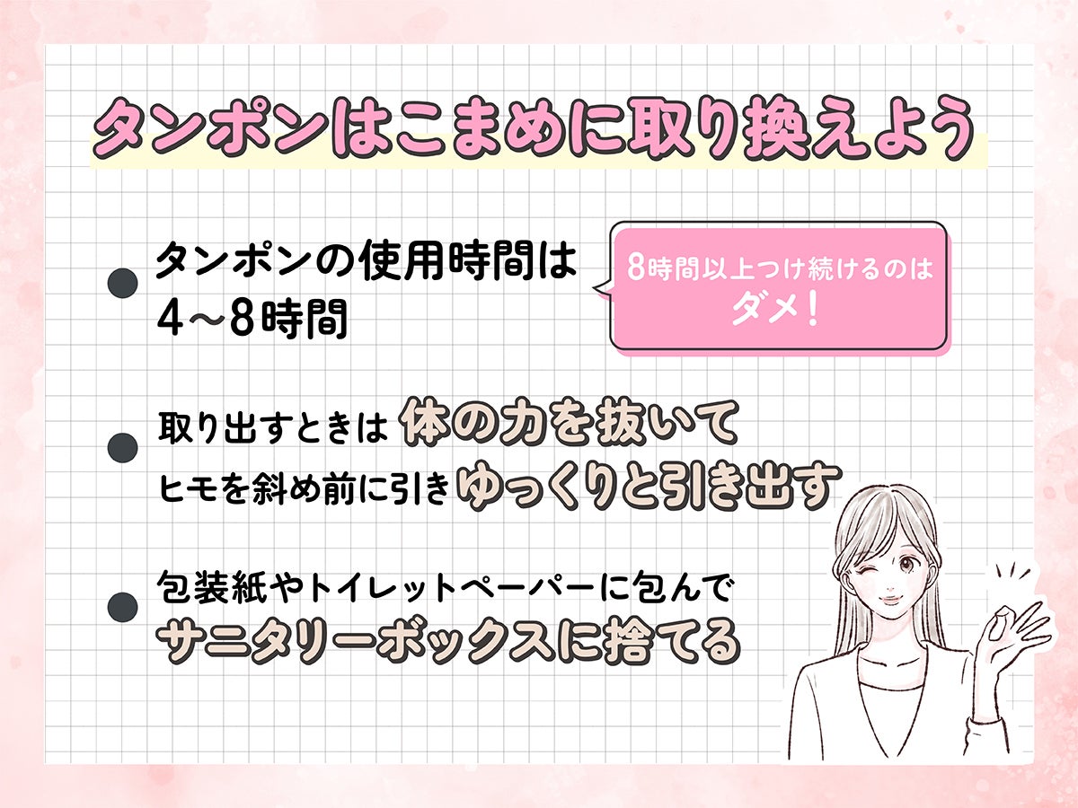 タンポンはこまめに取り換えよう。タンポンの使用時間は4～8時間。8時間以上つけ続けるのはダメ！取り出すときは体の力を抜いて、ヒモを斜め前に引きゆっくりと引き出す。 包装紙やトイレットペーパーに包んで、サニタリーボックスに捨てる。