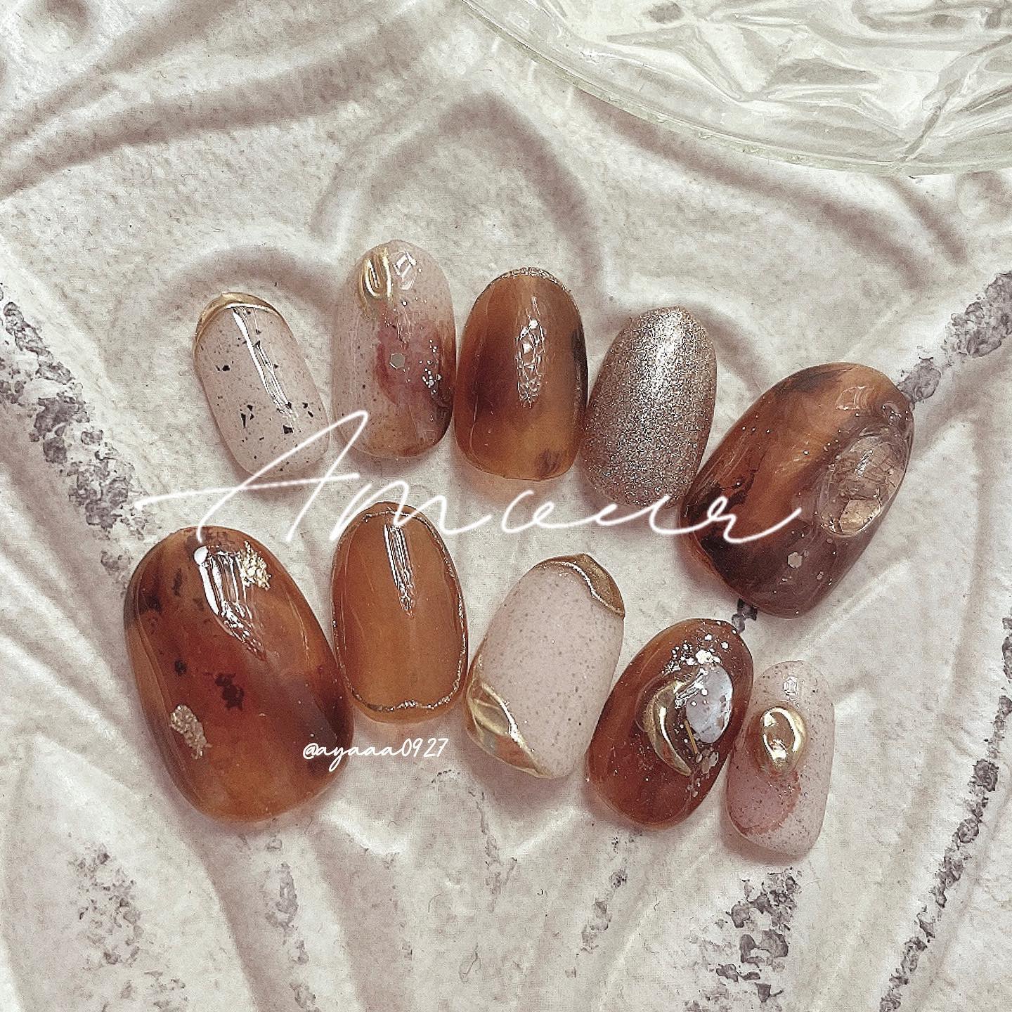 #手描きネイル,#べっこうネイルのネイルデザイン