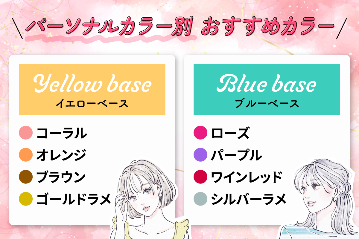 イエローベースの人にはコーラル、オレンジ、ブラウン、ゴールドラメがおすすめで、ブルーベースの人にはローズ、パープル、ワインレッド、シルバーラメがおすすめです。