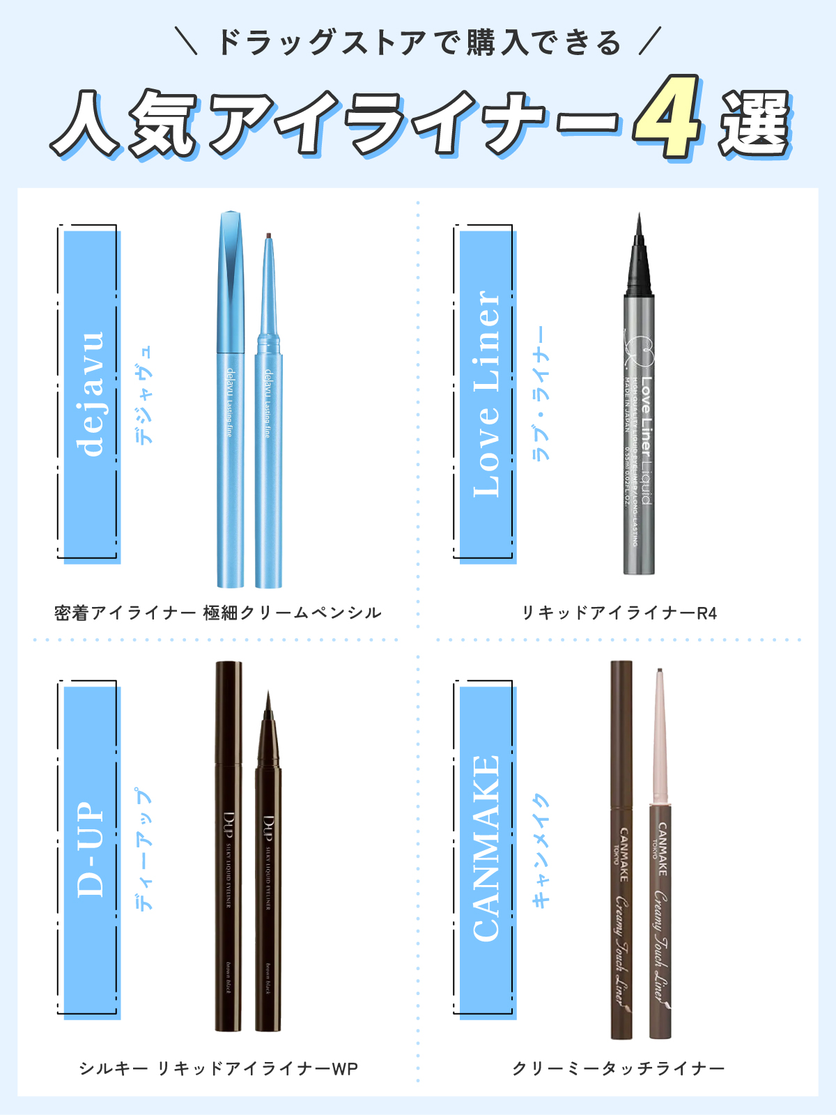 ドラッグストアで購入できる人気アイライナー4選！デジャヴの密着アイライナー極細クリームペンシル・ディーアップのシルキー リキッドアイライナーWP・ラブ・ライナーのリキッドアイライナーR4・キャンメイクのクリーミータッチライナー。