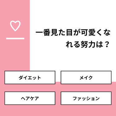 【質問】
一番見た目が可愛くなれる努力は？

【回答】
・ダイエット：90.9%
・メイク：9.1%
・ヘアケア：0.0%
・ファッション：0.0%

#みんなに質問

================