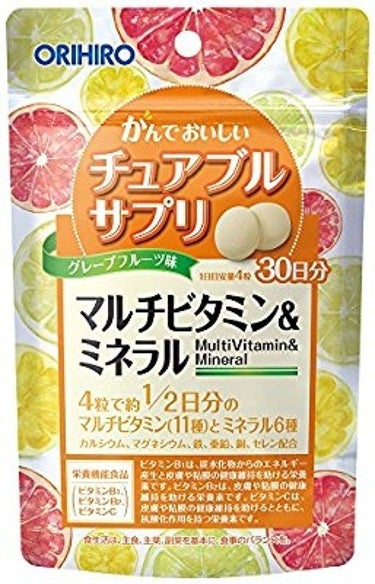 オリヒロ マルチビタミン＆ミネラル マンゴー味のクチコミ「マンゴー味じゃなくてグレープフルーツ味です。
4粒で約1/2日分のマルチビタミンとミネラルを摂.....」（1枚目）