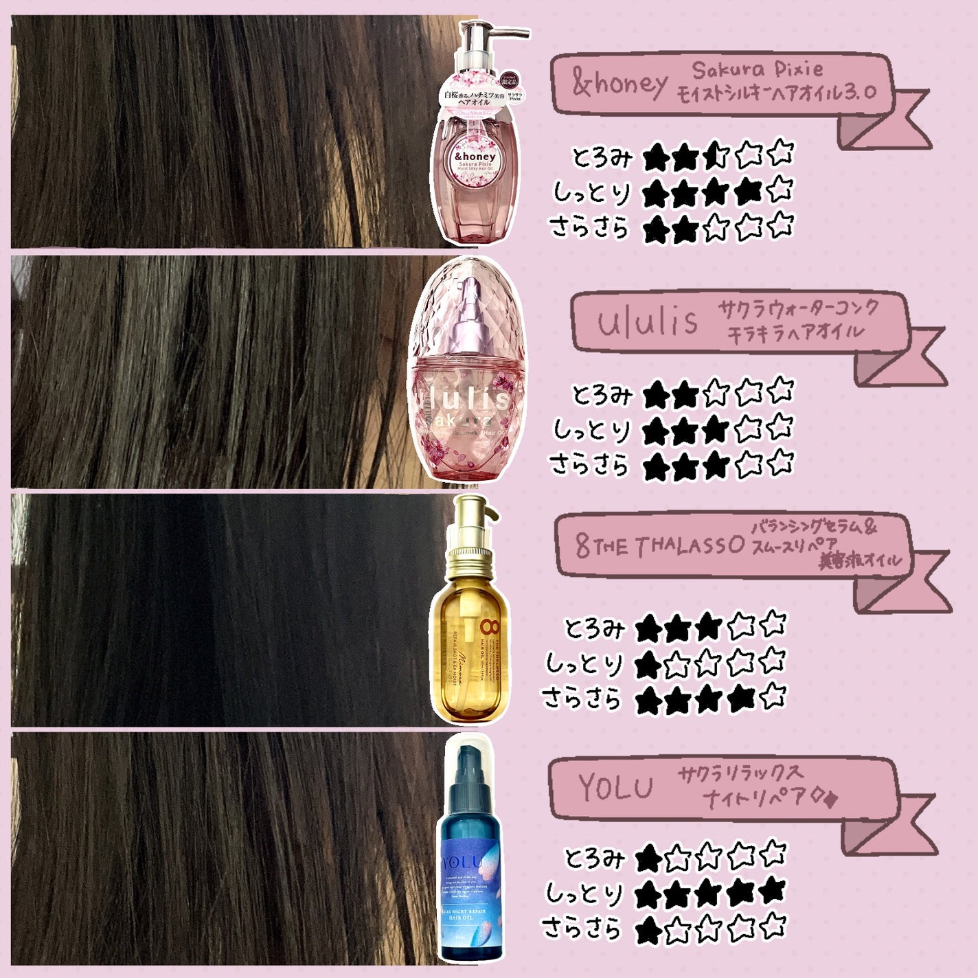 エイトザタラソ・YOLU・&honey・ululisのヘアオイルを使った エイトザタラソ・YOLU・&honey・ululisのヘアオイルを使った
