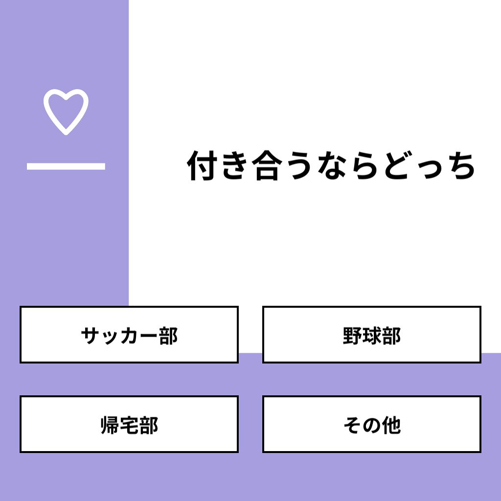 nina フォロバ100 % on LIPS 「【質問】付き合うならどっち【回答】・サッカー部:66.7%・野..」(1枚目)