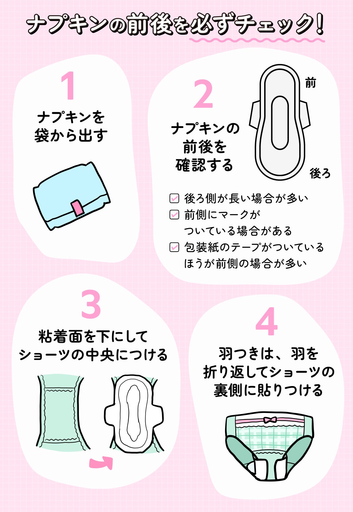 ナプキンの前後を必ずチェック!ナプキンを袋から出したら、ナプキンの前後を確認する。後ろ側が長い場合が多く、前側にマークがついている場合もある。包装紙のテープがついているほうが前側の場合が多い。次に、粘着面を下にしてショーツの中央につける。羽つきは、羽を折り返してショーツの裏側に貼りつける。