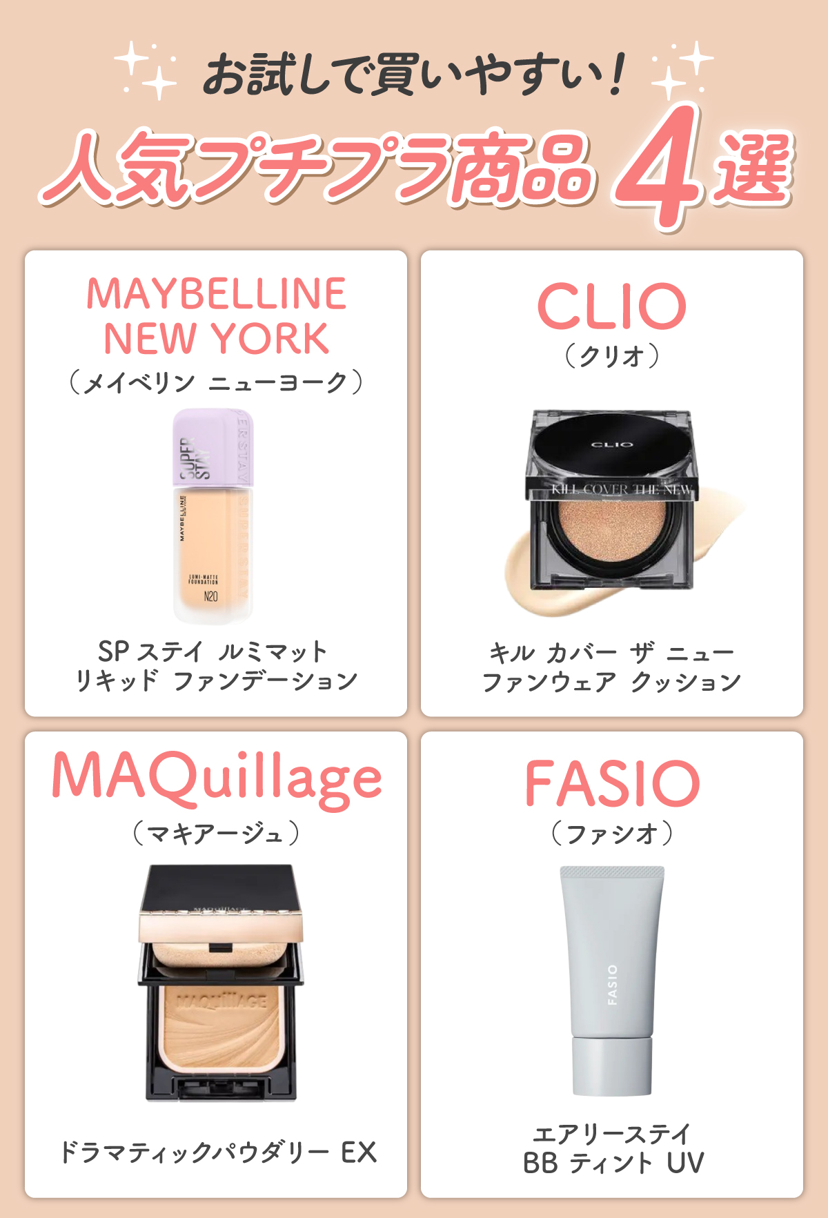 お試しで買いやすい！人気プチプラ商品4選。おすすめのプチプラアイテムはMAYBELLINE NEW YORK（メイベリン　ニューヨーク）のSPステイ ルミマット リキッド ファンデーション・CLIO（クリオ）のキル カバー ザ ニュー ファンウェア クッション・MAQuillage（マキアージュ）のドラマティックパウダリー EX・FASIO（ファシオ）のエアリーステイ BB ティント UV。