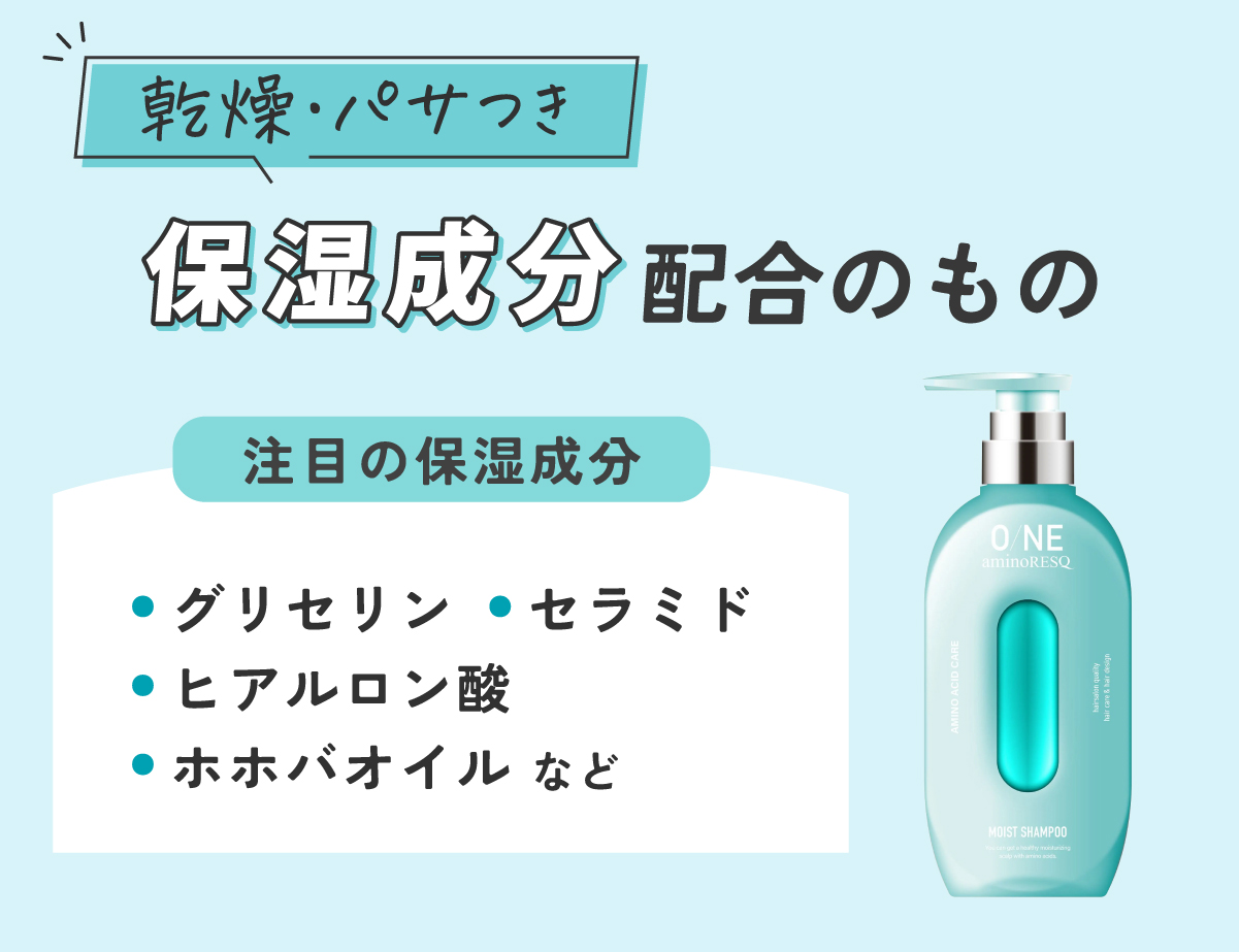 乾燥・パサつきには保湿成分配合のものがおすすめ。注目の保湿成分はグリセリン・セラミド・ヒアルロン酸・ホホバオイルなど。
