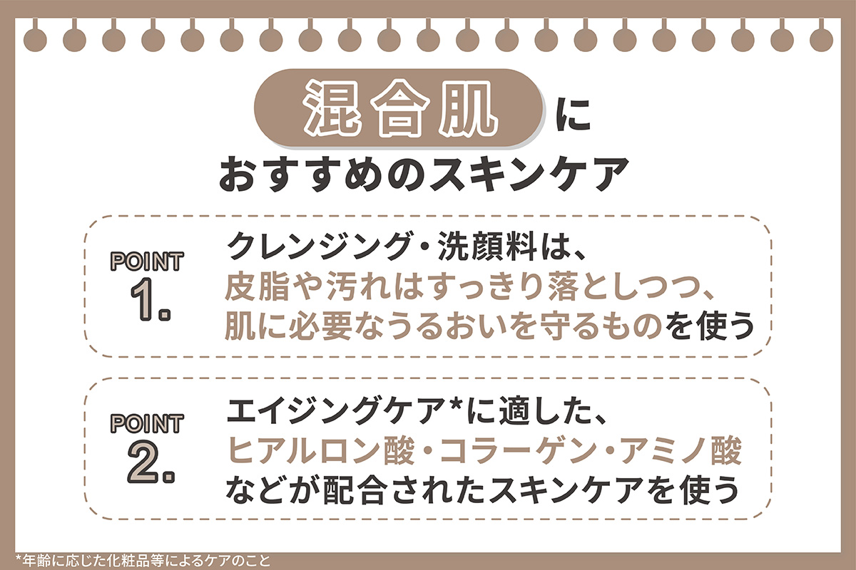 混合肌におすすめのスキンケア。クレンジング・洗顔料は、皮脂や汚れはすっきり落としつつ、肌に必要なうるおいを守るものを使いエイジングケア*に適した、ヒアルロン酸・コラーゲン・アミノ酸などが配合されたスキンケアを使う。*年齢に応じた化粧品等によるケアのこと