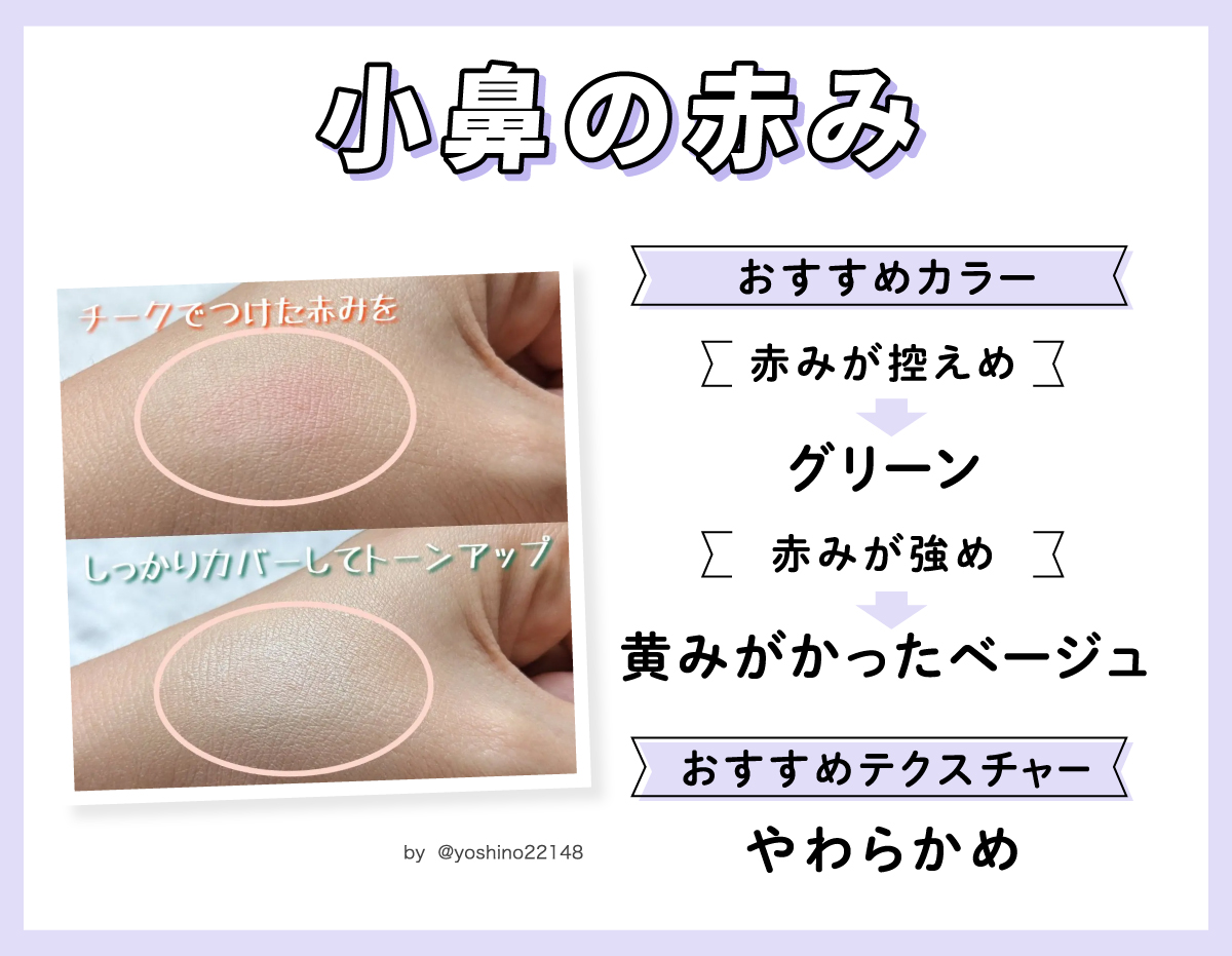 小鼻の赤みにおすすめのカラーは赤みが控えめならグリーン、赤みが強めなら黄みがかったベージュでおすすめテクスチャーはやわらかめです。