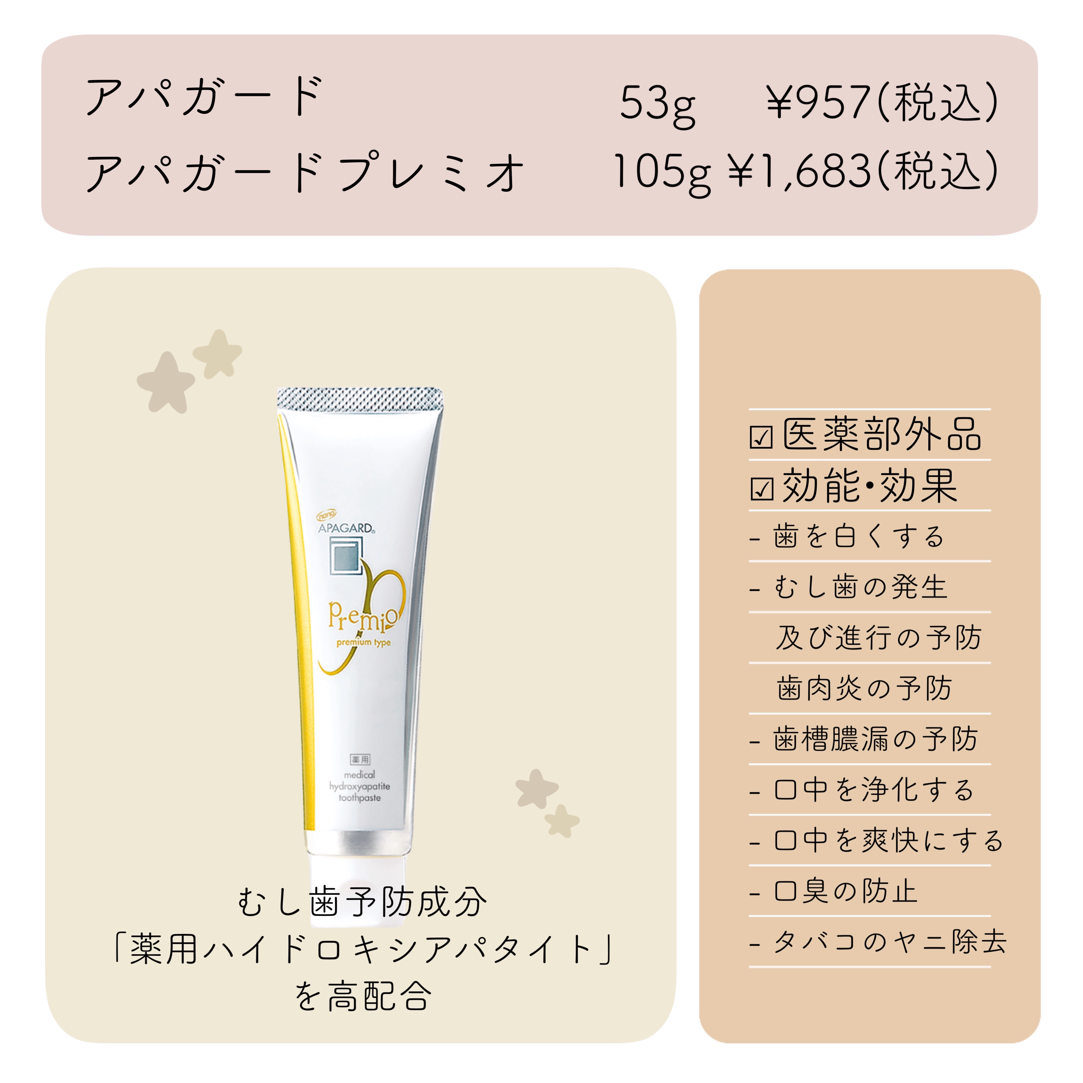 


𖡡 アパガード
  アパガードプレミオ  各税込 𝟓𝟑𝐠 ¥𝟗𝟓𝟕 / 𝟏𝟎𝟓𝐠 ¥𝟏,𝟔𝟖𝟑



✓ むし歯予防成分「薬用ハイドロキシアパタイト」を
    高配合

✓ 医薬部外品

✓ 真珠やアコ