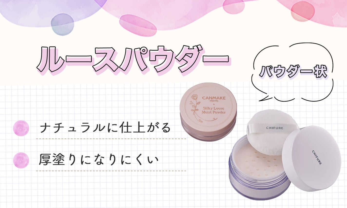 パウダー状のルースパウダーはナチュラルに仕上がり厚塗りになりにくいのが特徴。