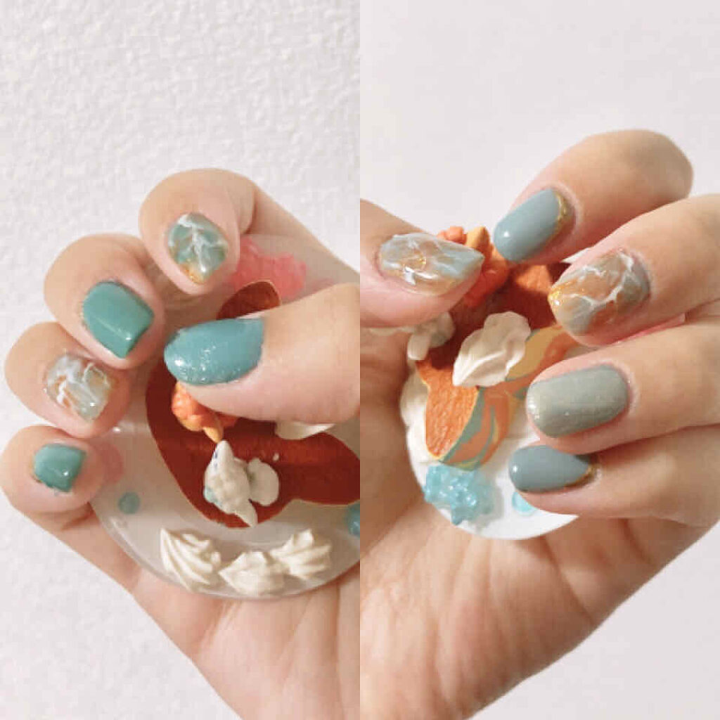 天然石ネイルに挑戦してみた。
ホワイトとのバランスが難しい、練習が必要だ



プリジェルEX
306 グレイッシュミスト
ルチアジェル
GM 165 SM507
ハピジェル
ホワイト
ネイルタウン　メタリックジェル
03
ドットジェル
0