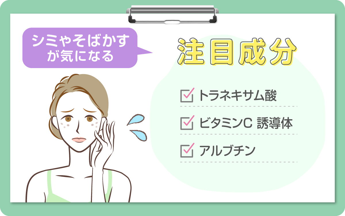 シミやそばかすが気になる人の注目成分はトラネキサム酸・ビタミンC 誘導体・アルブチンです。