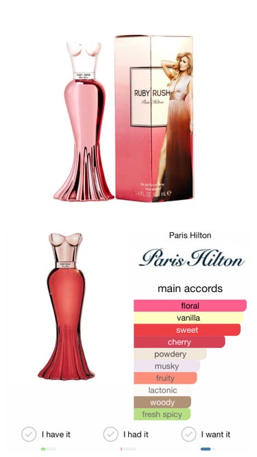 パリスヒルトン Paris Hilton
Ruby Rush

Top notes /Cherry, Whipped Cream and Hibiscus
middle notes /Raspberry
