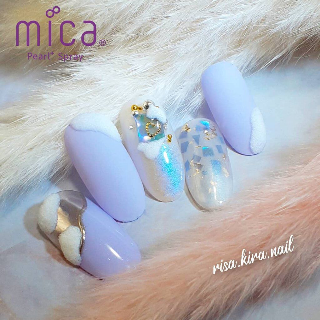 #ネイル,#ジェルネイル,#雪ネイル,#雲ネイル,#冬ネイル,#春ネイル,#フワフワネイル,#キラキラネイルのネイルデザイン