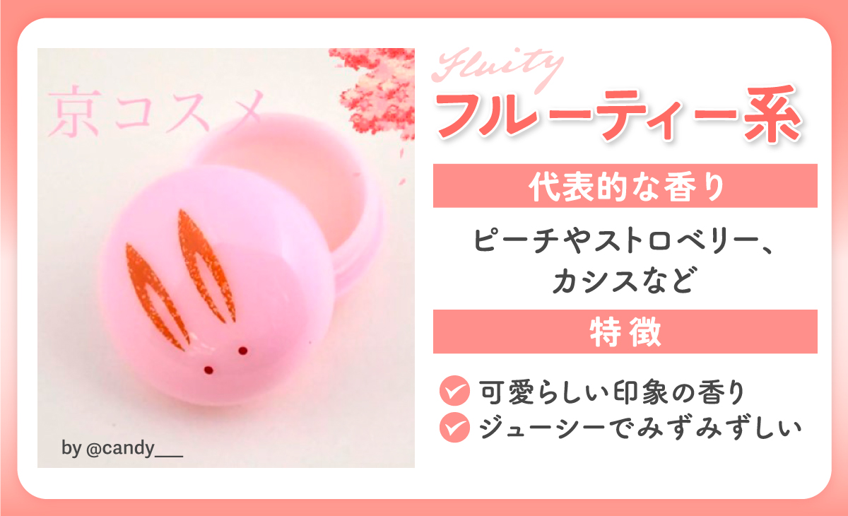 フルーティー系の代表的な香りは、ピーチやストロベリー、カシスなど。可愛らしい印象の香りで、ジューシーでみずみずしい特徴がある。