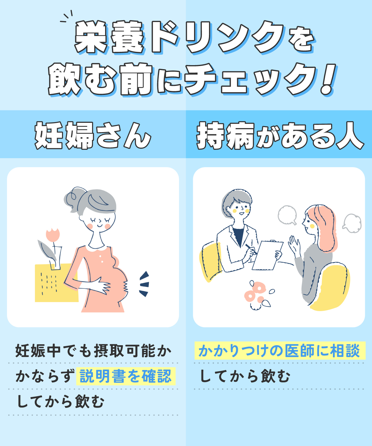 栄養ドリンクを飲む前にチェック！妊婦さんは妊娠中でも摂取可能かかならず説明書を確認してから飲む。持病がある人はかかりつけの医師に相談してから飲む。