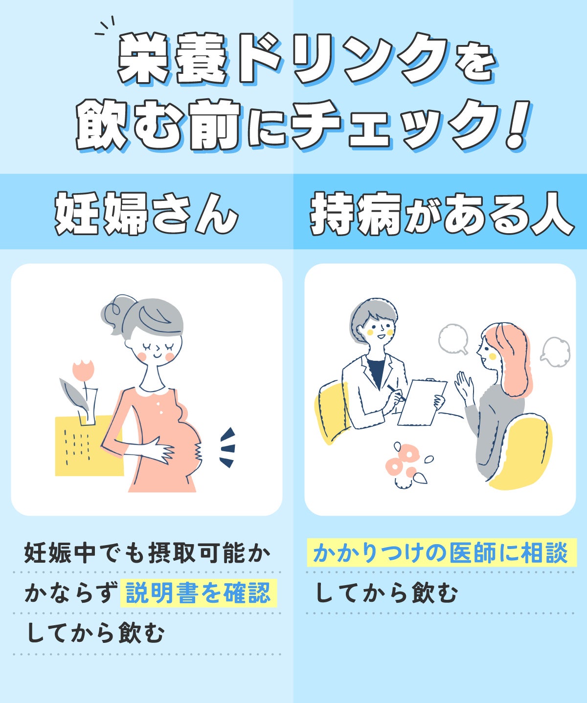 栄養ドリンクを飲む前にチェック!妊婦さんは妊娠中でも摂取可能かかならず説明書を確認してから飲む。持病がある人はかかりつけの医師に相談してから飲む。