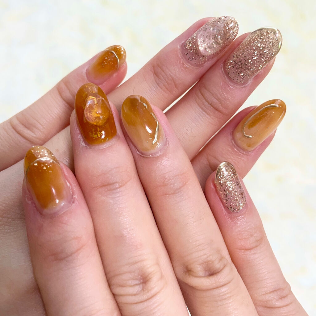 #ジェルネイル,#オレンジネイル,#ラメネイル,#夏ネイルのネイルデザイン