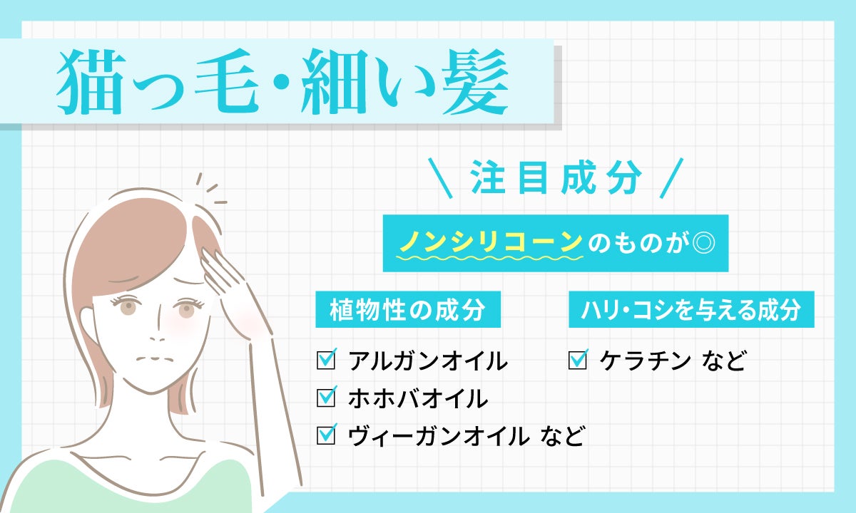 猫っ毛・細い髪の人が注目したい成分は、ノンシリコーンのものが◎。アルガンオイル、ホホバオイル、ヴィーガンオイルなど植物性の成分。ハリ・コシを与える成分のケラチン など。