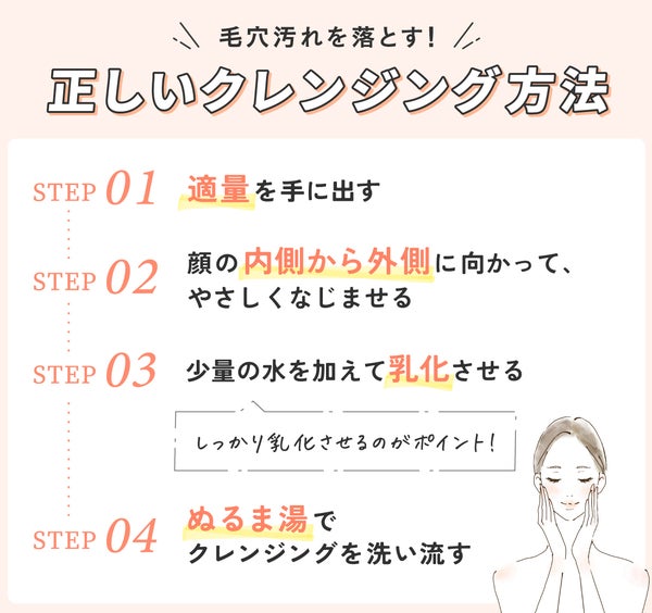 毛穴汚れを落とす!正しいクレンジング方法。適量を手に出し顔の内側から外側に向かって、やさしくなじませる。少量の水を加えて乳化させる。しっかり乳化させるのがポイント!ぬるま湯でクレンジングを洗い流す。