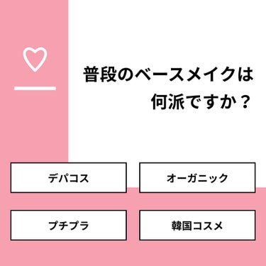 【質問】
普段のベースメイクは何派ですか？

【回答】
・デパコス：0.0%
・オーガニック：20.0%
・プチプラ ：66.7%
・韓国コスメ：13.3%

#みんなに質問

============