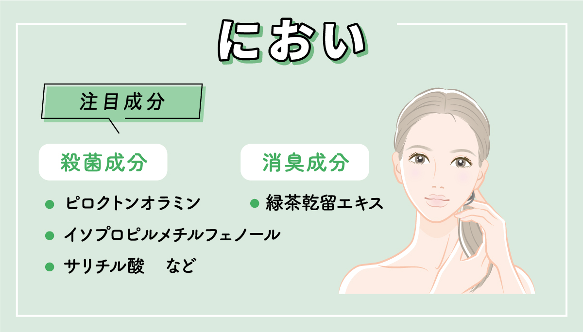 頭皮のにおいが気になるならピロクトンオラミン、イソプロピルメチルフェノール、サリチル酸などの殺菌成分と緑茶乾留エキスなどの消臭成分が配合されているものを選びましょう。