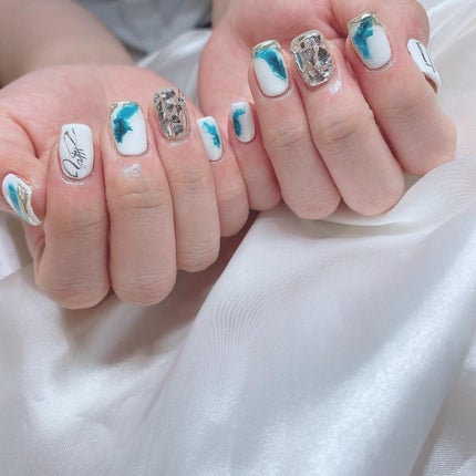 #推しネイル,#NCTネイル,#ロゴネイル,#もやもやネイル,#ミラーネイル,#緑ネイル,#絵画ネイル,#スクエアネイル,#トレンドネイル,#ニュアンスネイルのネイルデザイン